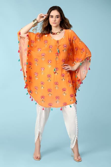 Sajeda A Lehry Orange Crepe Sequins, Mirrors Keyhole Crystal Printed Kaftan With Dhoti Pant 