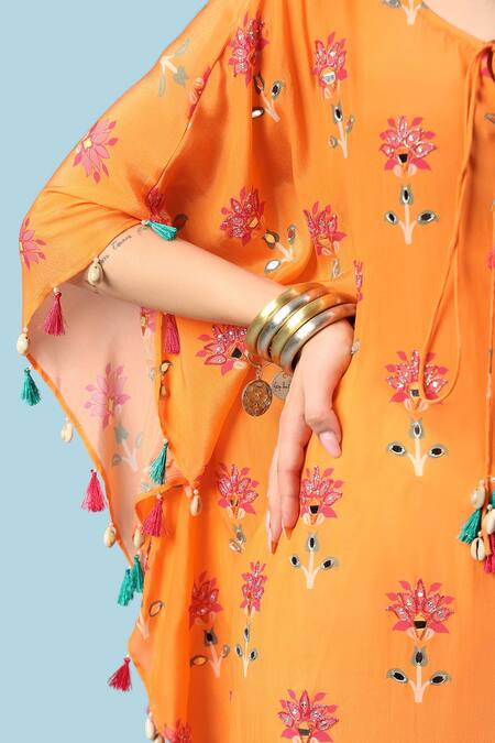 Sajeda A Lehry Orange Crepe Sequins, Mirrors Keyhole Crystal Printed Kaftan With Dhoti Pant Online at Aza Fashions Sajeda A Lehry_Orange Crepe Sequins, Mirrors Keyhole Crystal Printed Kaftan With Dhoti Pant _Online_at_Aza_Fashions