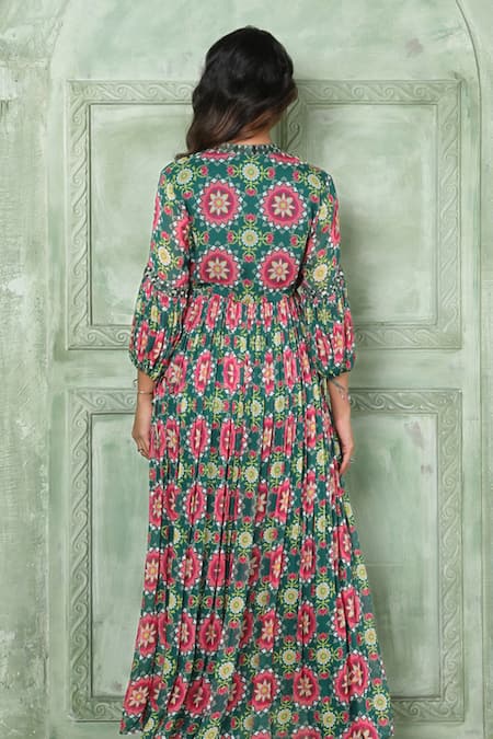 Shop Sajeda A Lehry Green Georgette Embroidery, Mirrors Mandarin Emma Printed Anarkali And Pant Set at Aza Fashions Shop_Sajeda A Lehry_Green Georgette Embroidery, Mirrors Mandarin Emma Printed Anarkali And Pant Set _at_Aza_Fashions
