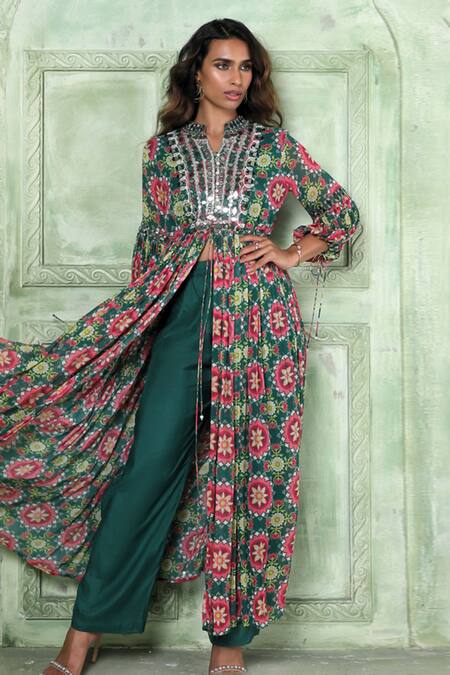Sajeda A Lehry Green Georgette Embroidery, Mirrors Mandarin Emma Printed Anarkali And Pant Set Online at Aza Fashions Sajeda A Lehry_Green Georgette Embroidery, Mirrors Mandarin Emma Printed Anarkali And Pant Set _Online_at_Aza_Fashions