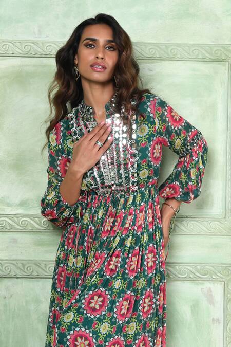 Buy Sajeda A Lehry Green Georgette Embroidery, Mirrors Mandarin Emma Printed Anarkali And Pant Set Online at Aza Fashions Buy_Sajeda A Lehry_Green Georgette Embroidery, Mirrors Mandarin Emma Printed Anarkali And Pant Set _Online_at_Aza_Fashions