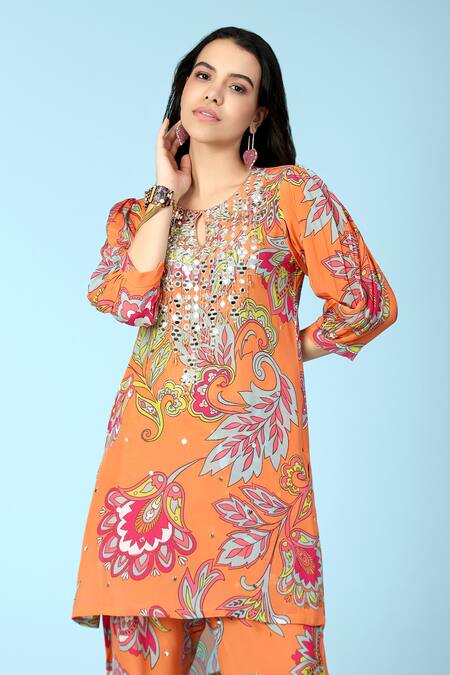 Sajeda A Lehry_Orange Crepe Sequins, Beads, Zari Keyhole Gabby Floral Print Kurta And Pant Set_Online_at_Aza_Fashions