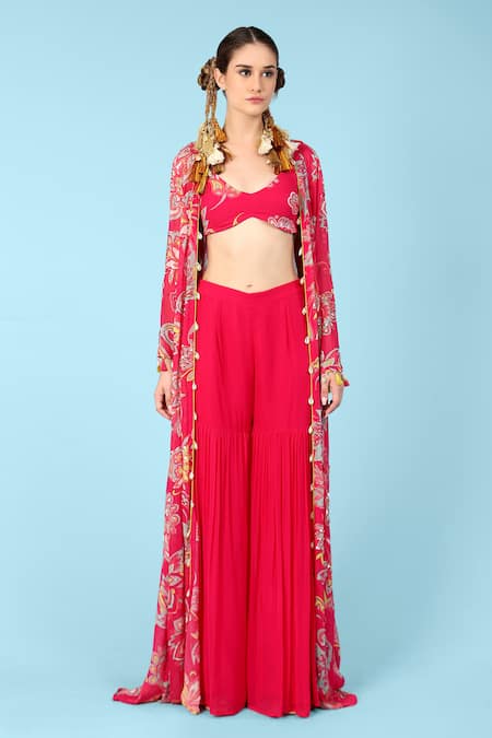 Sajeda A Lehry Pink Georgette Embroidery, Sequins, Beads Julia Floral Print Jacket Sharara Set 