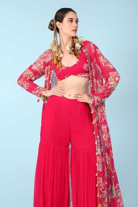 Sajeda A Lehry Pink Georgette Embroidery, Sequins, Beads Julia Floral Print Jacket Sharara Set Online at Aza Fashions Sajeda A Lehry_Pink Georgette Embroidery, Sequins, Beads Julia Floral Print Jacket Sharara Set _Online_at_Aza_Fashions