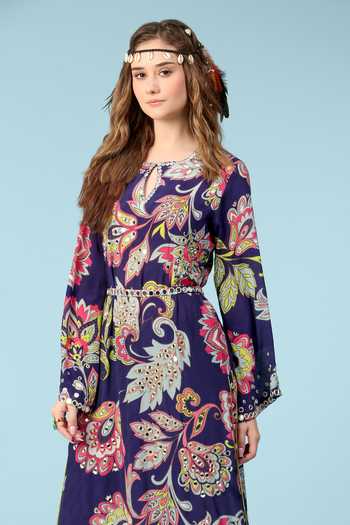 Sajeda A Lehry_Blue Crepe Mirrors, Beads, Cut Work Keyhole Lucy Floral Print Kurta And Pant Set _Online_at_Aza_Fashions