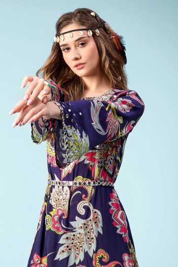 Buy_Sajeda A Lehry_Blue Crepe Mirrors, Beads, Cut Work Keyhole Lucy Floral Print Kurta And Pant Set _Online_at_Aza_Fashions