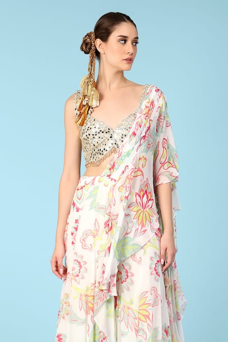 Sajeda A Lehry_Ivory Georgette Crystals, Beads, Megan Printed Palazzo Saree And Blouse Set _Online_at_Aza_Fashions