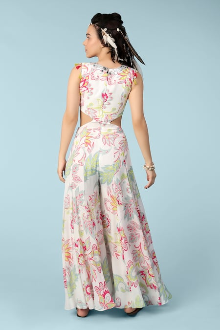 Shop Sajeda A Lehry Ivory Georgette Embroidery V-neck Olive Floral Print Flared Jumpsuit at Aza Fashions Shop_Sajeda A Lehry_Ivory Georgette Embroidery V-neck Olive Floral Print Flared Jumpsuit _at_Aza_Fashions