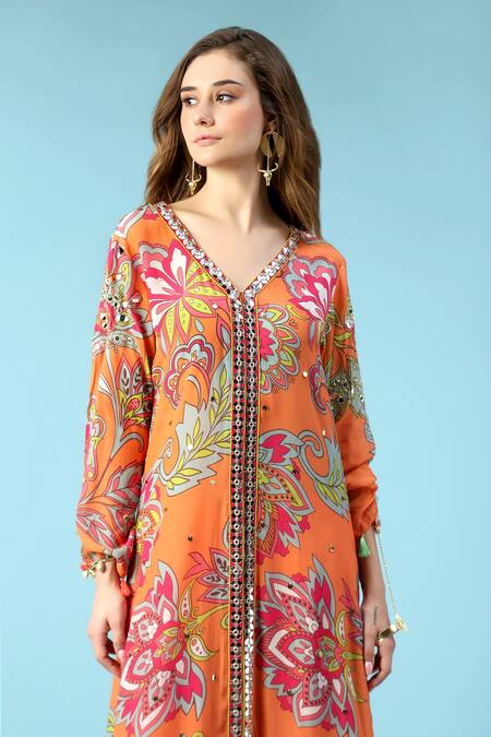 Sajeda A Lehry_Orange Crepe Tassels, Sequins V-neck Samara Mandala Print Kurta And Pant Set_Online_at_Aza_Fashions