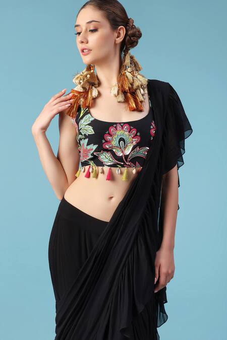 Sajeda A Lehry_Black Georgette Tassels, Embroidery, Yasha Pre-draped Saree With Printed Blouse _Online_at_Aza_Fashions