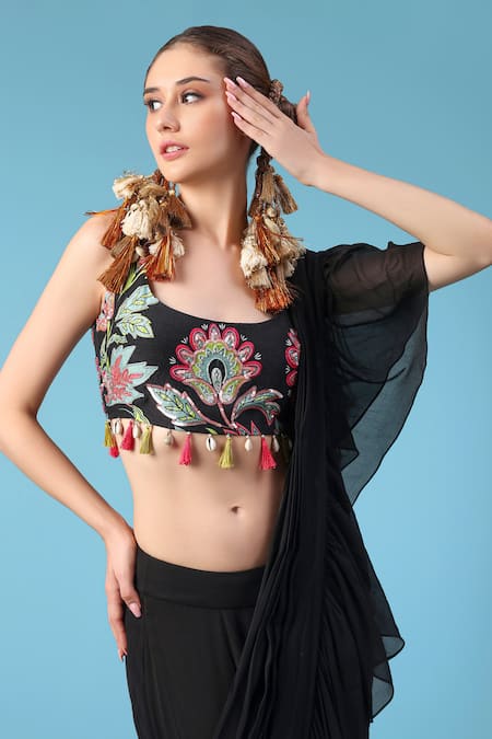 Buy_Sajeda A Lehry_Black Georgette Tassels, Embroidery, Yasha Pre-draped Saree With Printed Blouse _Online_at_Aza_Fashions