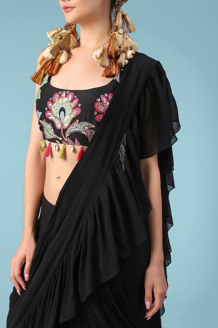Shop_Sajeda A Lehry_Black Georgette Tassels, Embroidery, Yasha Pre-draped Saree With Printed Blouse _Online_at_Aza_Fashions
