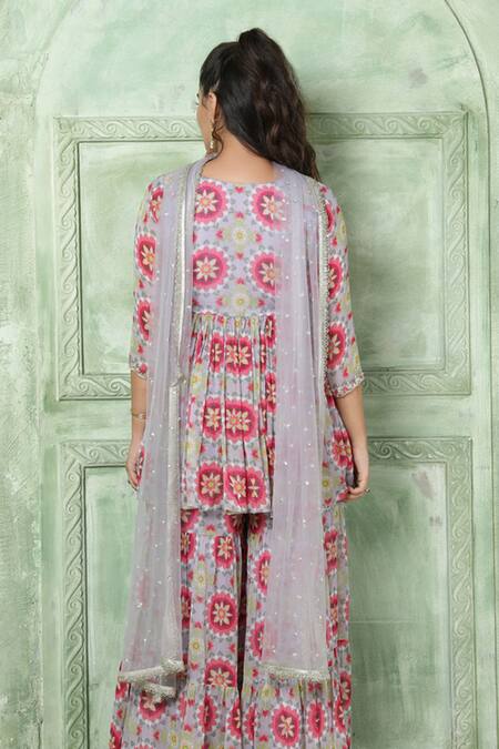 Shop Sajeda A Lehry Purple Georgette Embroidery, Mirrors, Zeenat Printed Peplum Kurta Sharara Set at Aza Fashions Shop_Sajeda A Lehry_Purple Georgette Embroidery, Mirrors, Zeenat Printed Peplum Kurta Sharara Set_at_Aza_Fashions