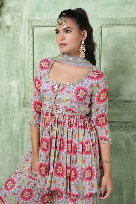 Sajeda A Lehry Purple Georgette Embroidery, Mirrors, Zeenat Printed Peplum Kurta Sharara Set Online at Aza Fashions Sajeda A Lehry_Purple Georgette Embroidery, Mirrors, Zeenat Printed Peplum Kurta Sharara Set_Online_at_Aza_Fashions