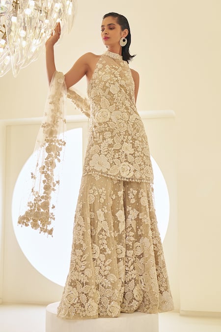 Shop_Seema Gujral_Beige Net Lace, Sequins, Embroidery Halter Neck Floral Sheer Kurta Sharara Set 