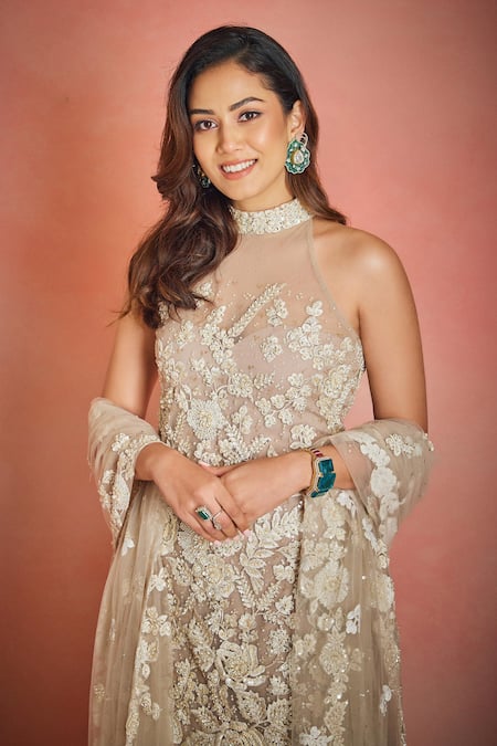 Buy_Seema Gujral_Beige Net Lace, Sequins, Embroidery Halter Neck Floral Sheer Kurta Sharara Set 