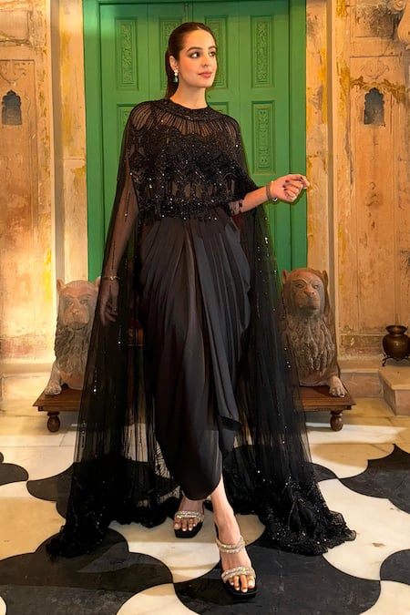 Roqa Black Cape Net Embroidery Sequins Round Neck Raina Hand With Dhoti Pant