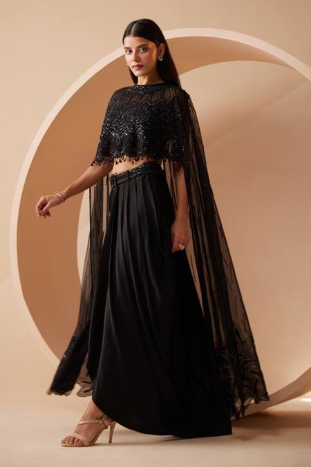 Roqa_Black Modal, Satin Cut Work, Sequins Embroidered Cape And Dhoti Pant Set _at_Aza_Fashions