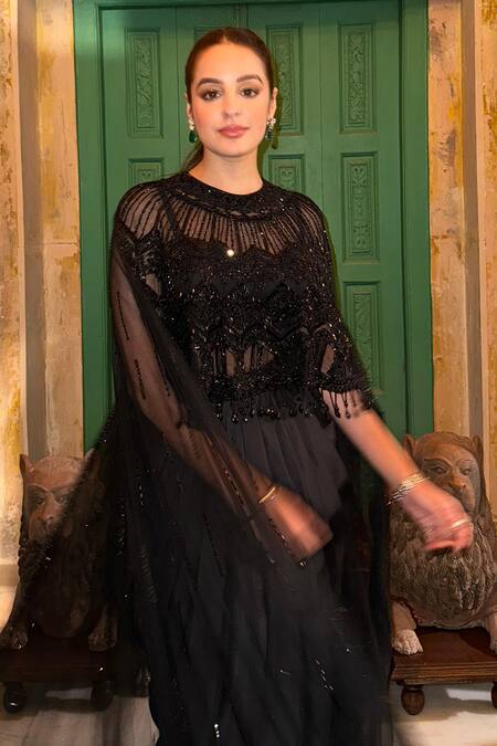 Buy_Roqa_Black Modal, Satin Cut Work, Sequins Embroidered Cape And Dhoti Pant Set 