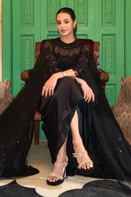 Shop_Roqa_Black Modal, Satin Cut Work, Sequins Embroidered Cape And Dhoti Pant Set 
