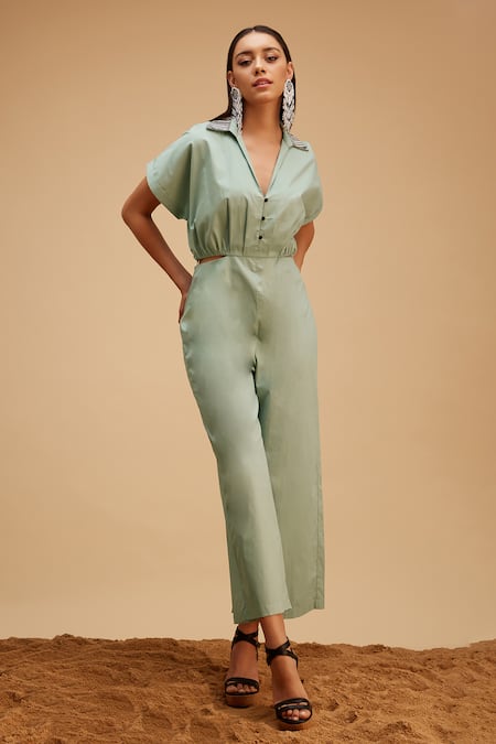 Bohobi Green Cotton, Linen Beads Shawl Neck Boho Chic Jumpsuit 