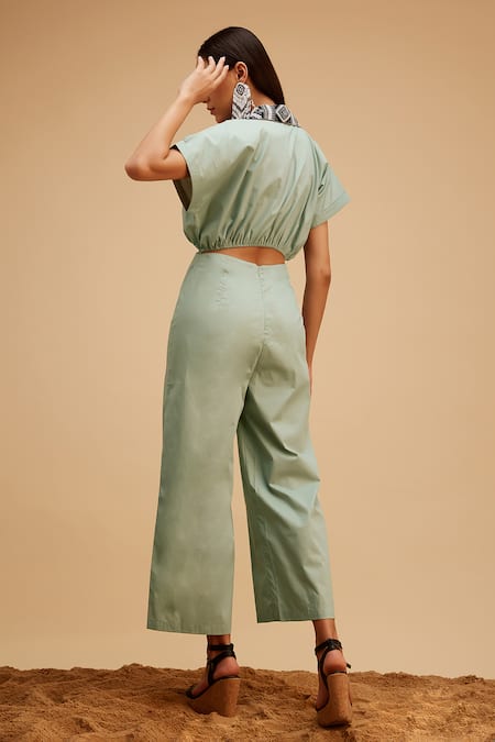 Shop Bohobi Green Cotton, Linen Beads Shawl Neck Boho Chic Jumpsuit at Aza Fashions Shop_Bohobi_Green Cotton, Linen Beads Shawl Neck Boho Chic Jumpsuit _at_Aza_Fashions