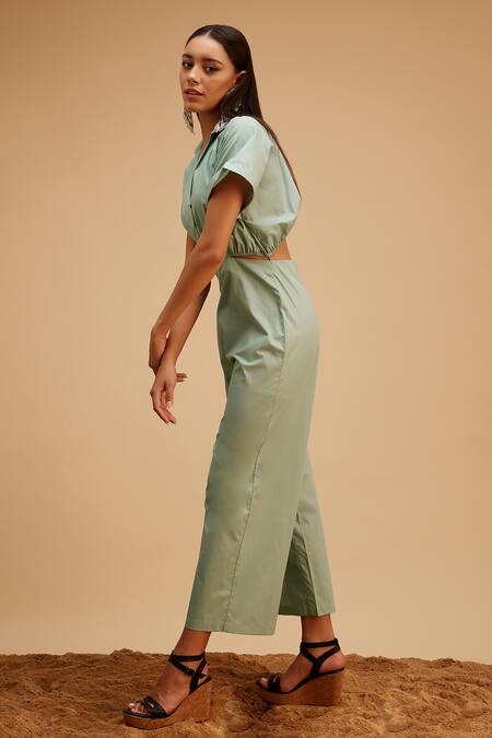 Bohobi Green Cotton, Linen Beads Shawl Neck Boho Chic Jumpsuit Online at Aza Fashions Bohobi_Green Cotton, Linen Beads Shawl Neck Boho Chic Jumpsuit _Online_at_Aza_Fashions