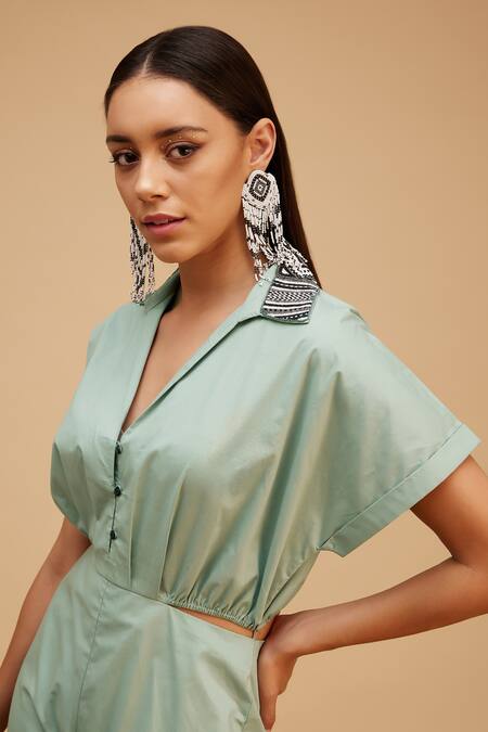 Buy Bohobi Green Cotton, Linen Beads Shawl Neck Boho Chic Jumpsuit Online at Aza Fashions Buy_Bohobi_Green Cotton, Linen Beads Shawl Neck Boho Chic Jumpsuit _Online_at_Aza_Fashions