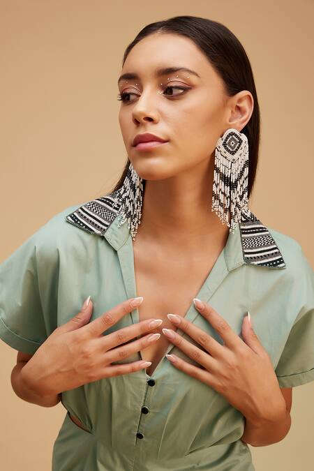 Shop Bohobi Green Cotton, Linen Beads Shawl Neck Boho Chic Jumpsuit Online at Aza Fashions Shop_Bohobi_Green Cotton, Linen Beads Shawl Neck Boho Chic Jumpsuit _Online_at_Aza_Fashions