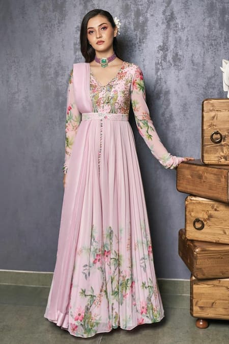 Nea by Nikita Tiwari Pink Viscose Georgette Hand Embroidery Parrot V Guldasta Anarkali With Dupatta 