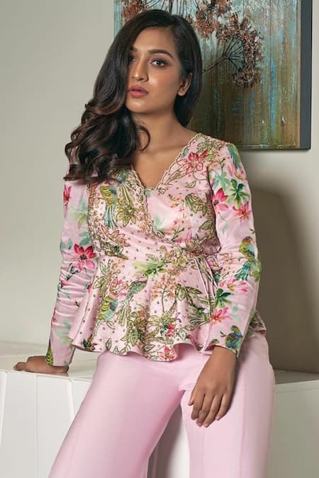 Nea By Nikita Tiwari_Pink Viscose, Silk Sequins, Beads Guldasta Hand Embroidery Peplum Top With Pant _Online_at_Aza_Fashions