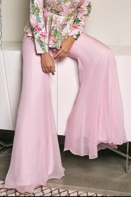 Buy_Nea By Nikita Tiwari_Pink Viscose, Silk Sequins, Beads Guldasta Hand Embroidery Peplum Top With Pant _Online_at_Aza_Fashions