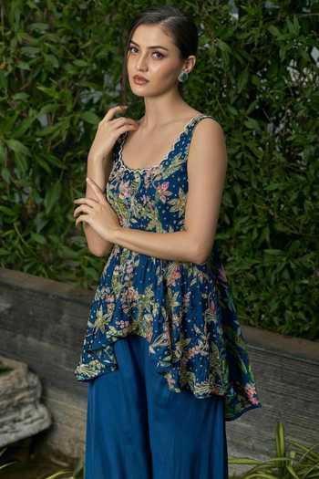 Buy Nea By Nikita Tiwari Blue Viscose, Georgette Embroidery, Sequins, Guldasta Hand Peplum With Sharara Online at Aza Fashions Buy_Nea By Nikita Tiwari_Blue Viscose, Georgette Embroidery, Sequins, Guldasta Hand Peplum With Sharara _Online_at_Aza_Fashions