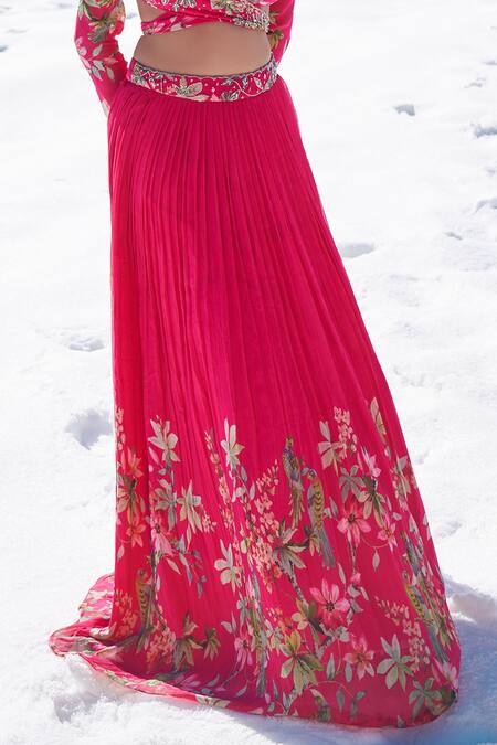 Nea By Nikita Tiwari_Pink Viscose, Georgette Guldasta Hand Embroidery Wrap Blouse Lehenga Set _Online_at_Aza_Fashions