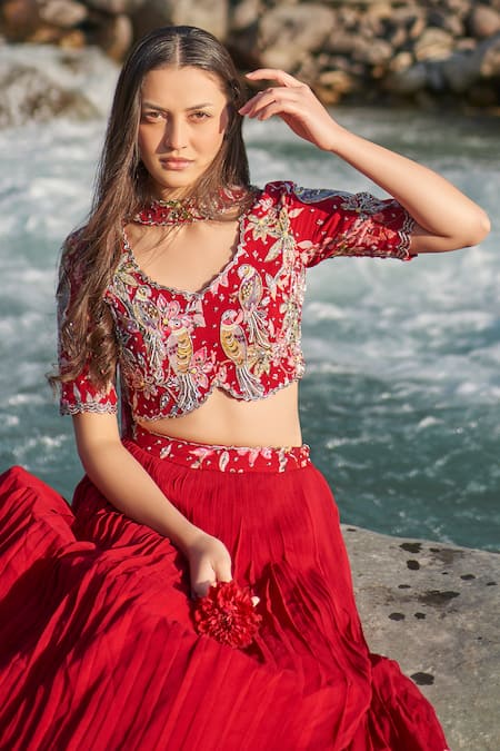 Buy_Nea By Nikita Tiwari_Maroon Viscose, Georgette Sequins, Beads, Guldasta Hand Blouse Lehenga Set _Online_at_Aza_Fashions