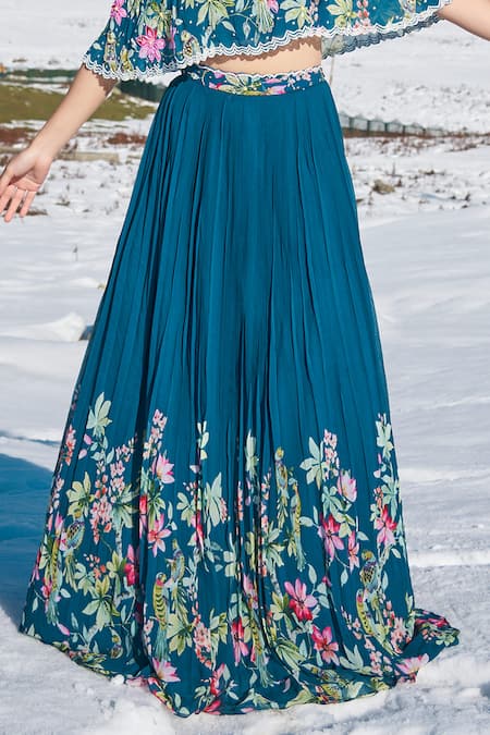 Nea By Nikita Tiwari_Blue Viscose, Georgette Embroidery, Guldasta Hand Off Blouse With Lehenga _Online_at_Aza_Fashions