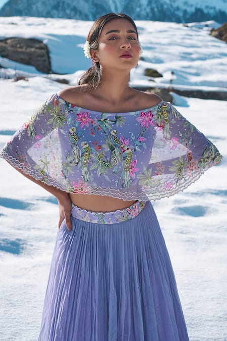 Shop Nea By Nikita Tiwari Purple Viscose, Georgette Sequins, Guldasta Hand Off Lehenga With Blouse at Aza Fashions Shop_Nea By Nikita Tiwari_Purple Viscose, Georgette Sequins, Guldasta Hand Off Lehenga With Blouse _at_Aza_Fashions