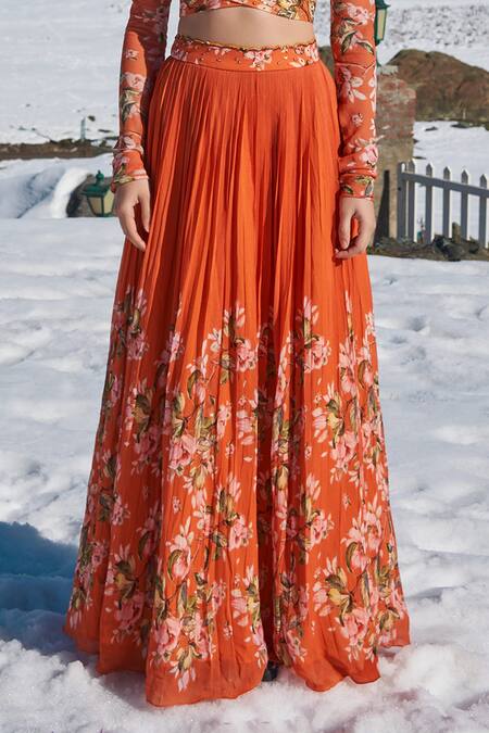 Nea By Nikita Tiwari Orange Viscose, Georgette Guldasta Hand Embroidery Lehenga With Wrap Blouse Online at Aza Fashions Nea By Nikita Tiwari_Orange Viscose, Georgette Guldasta Hand Embroidery Lehenga With Wrap Blouse _Online_at_Aza_Fashions