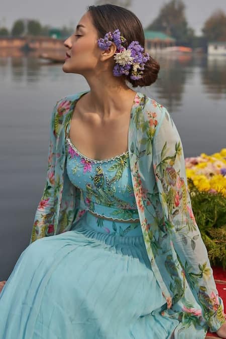 Nea By Nikita Tiwari_Blue Viscose, Georgette Sequins, Guldasta Hand Embroidery Bustier Lehenga Set _Online_at_Aza_Fashions