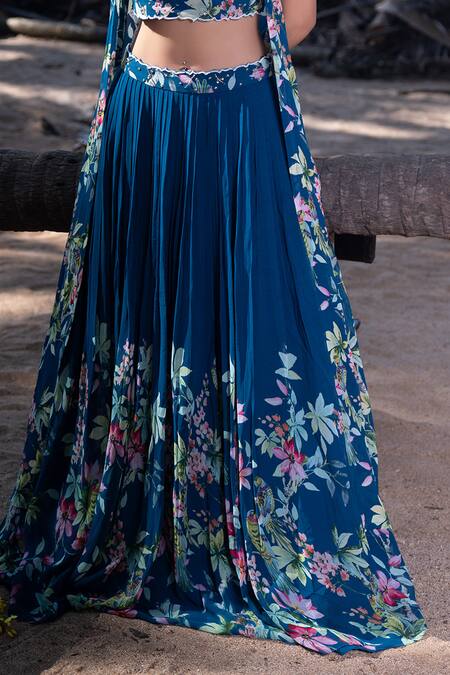 Nea By Nikita Tiwari_Blue Viscose, Georgette Sequins, Guldasta Hand Embroidery Lehenga Bustier Set _Online_at_Aza_Fashions