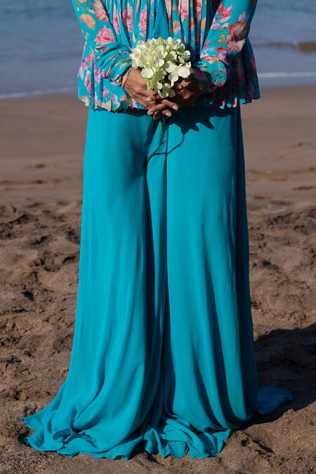 Nea By Nikita Tiwari_Blue Viscose, Georgette Embroidery, Sequins, Beads Guldasta Hand Sharara Set _Online_at_Aza_Fashions