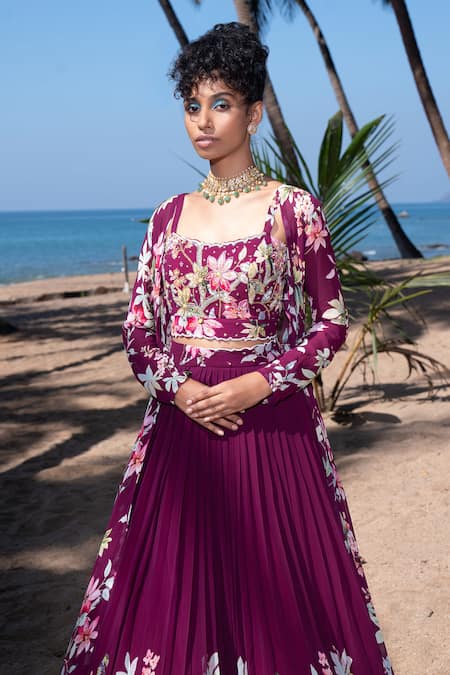 Nea By Nikita Tiwari Floral Pattern Longline Cape Lehenga Set 
