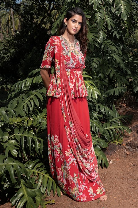 Nea by Nikita Tiwari Red Viscose Floral Pattern Pre-draped Saree With Peplum Blouse 