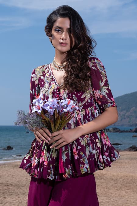 Nea By Nikita Tiwari_Purple Viscose, Georgette Sequins, Floral Pattern Peplum Kurta Sharara Set _Online_at_Aza_Fashions