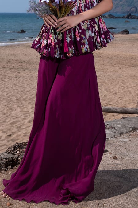 Buy_Nea By Nikita Tiwari_Purple Viscose, Georgette Sequins, Floral Pattern Peplum Kurta Sharara Set _Online_at_Aza_Fashions