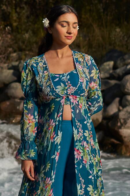 Nea By Nikita Tiwari_Blue Viscose, Georgette Sequins, Floral Pattern Embroidered Jacket Sharara Set _Online_at_Aza_Fashions
