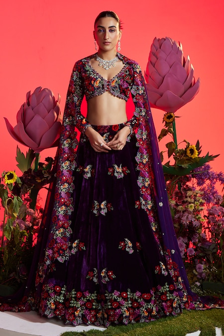 Nea by Nikita Tiwari Wine Velvet Embroidered Zari V Neck Floral Bird Motif Lehenga Set 