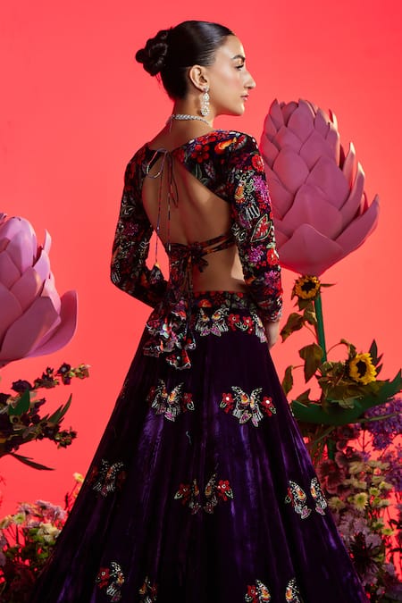 Nea By Nikita Tiwari Velvet Floral Bird Motif Embroidered Lehenga Set 