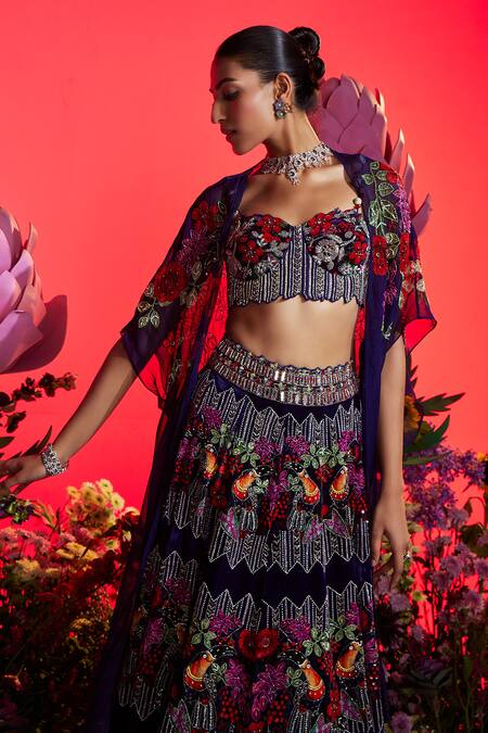 Buy Nea By Nikita Tiwari Purple Velvet, Organza Cut Work, Mirrors, Embroidery Sweetheart Neck Lehenga Set Online at Aza Fashions Buy_Nea By Nikita Tiwari_Purple Velvet, Organza Cut Work, Mirrors, Embroidery Sweetheart Neck Lehenga Set _Online_at_Aza_Fashions