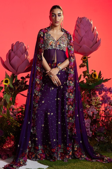 Nea by Nikita Tiwari Purple Velvet Embroidered Zari V Kudarath Sequin And Bead Lehenga Set 